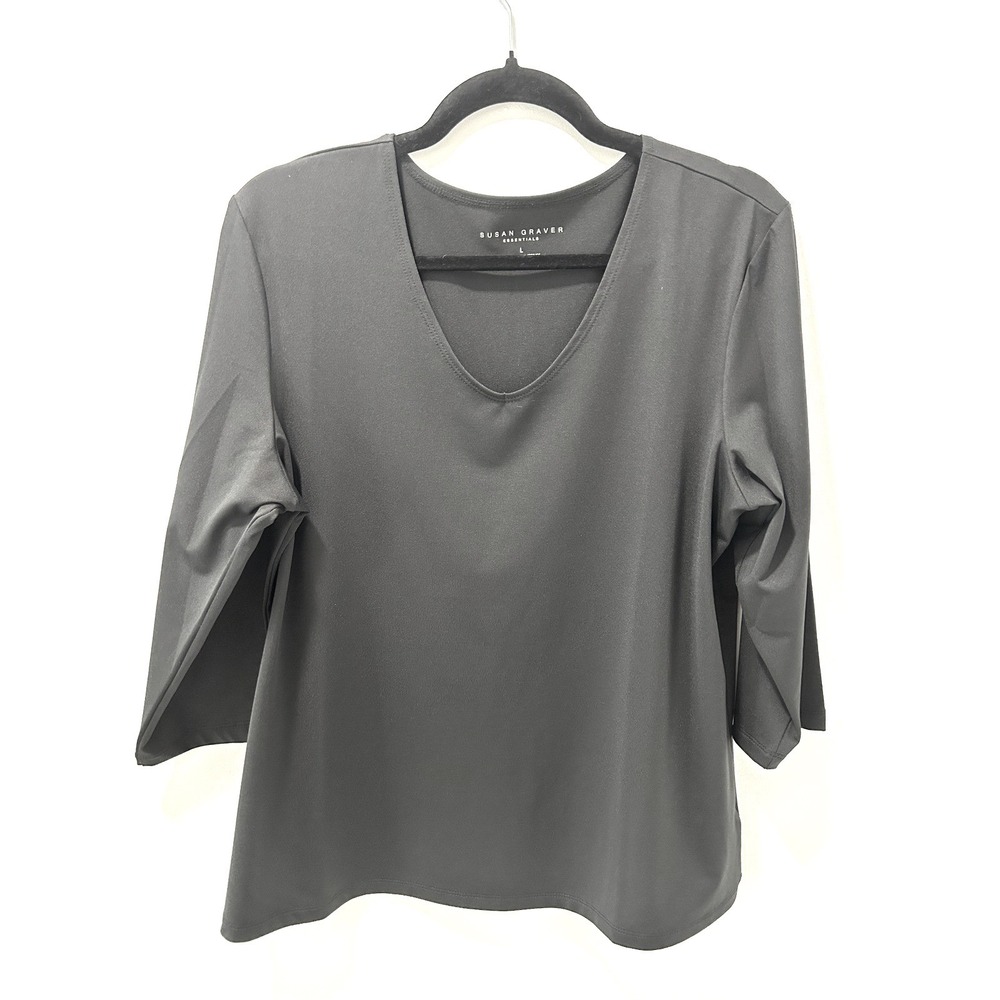 Susan Graver Essentials Black V-Neck 3/4 Sleeve Top Large Solid Stretch T-Shirt